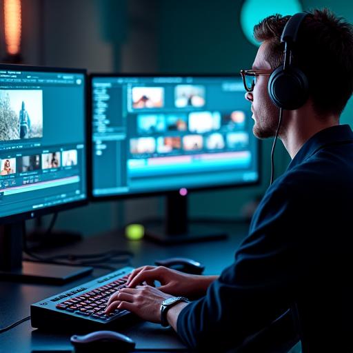 Editor video sedang bekerja di ruang editing yang canggih.